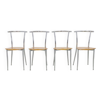 4x Chaises de salle à manger postmodernes en chrome et contreplaqué par Segis, années 1990