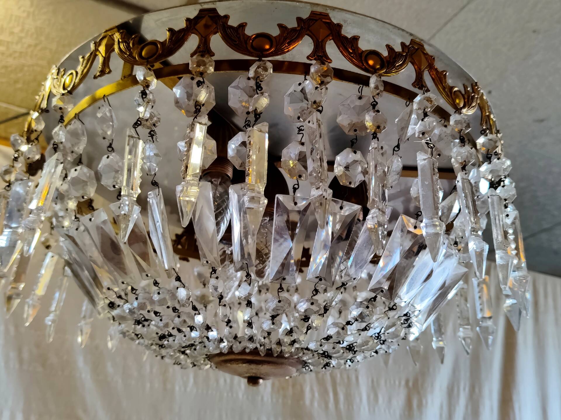 Glass and brass basket ceiling light - mid 20th century.
