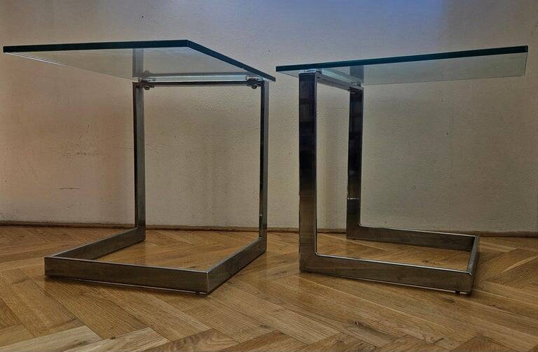 Pair of Midcentury Cantilevered Glass & Chrome Coffee Tables GEBRA, 1980s