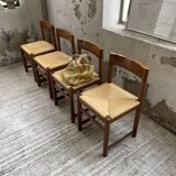 Set of 4 elm straw chairs from the 50s