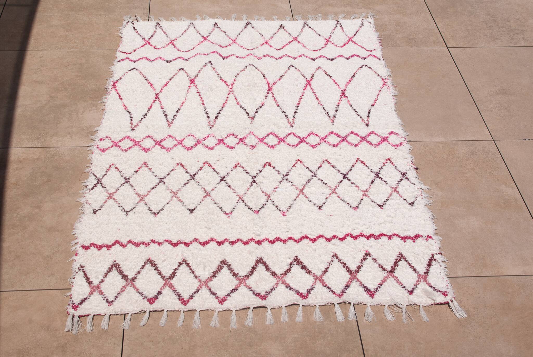 Recycled cotton handmade rug - Pink and white - Reversible