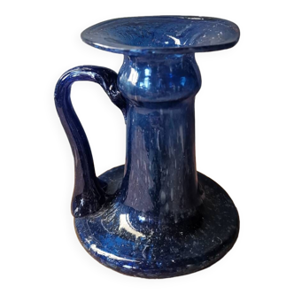 Handmade hand-blown BIOT style blue glass candle holder