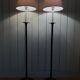 Pair of red enamelled metal floor lamps