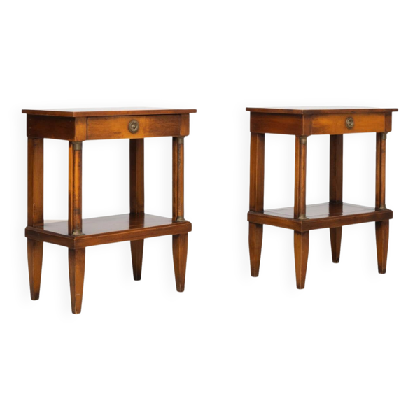 Paire de tables d'appoint de style Empire avec détails en laiton et plateaux marquetés, années 1970