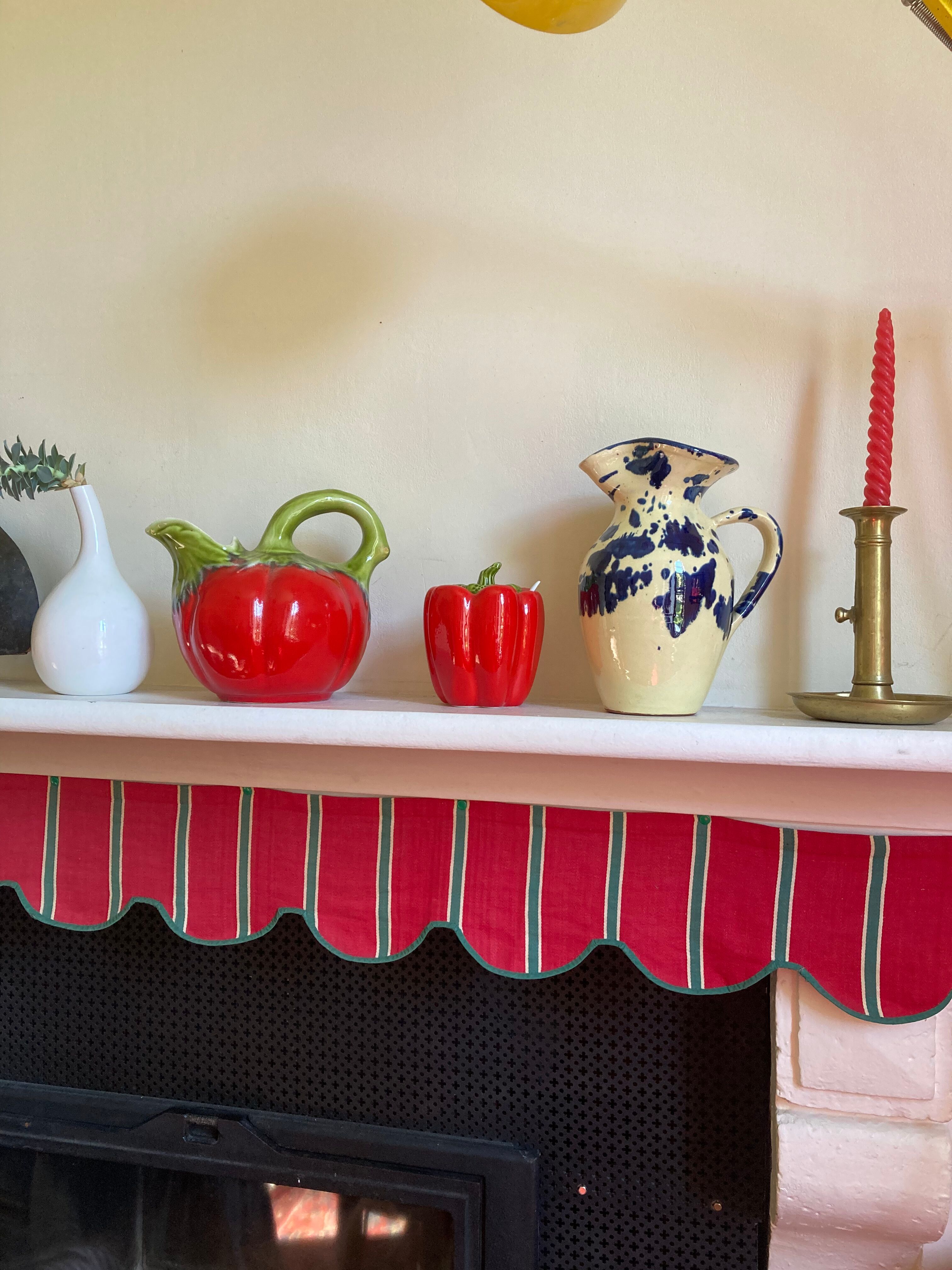 Vintage pepper slip / red and green ceramic covered pot / sugar bowl