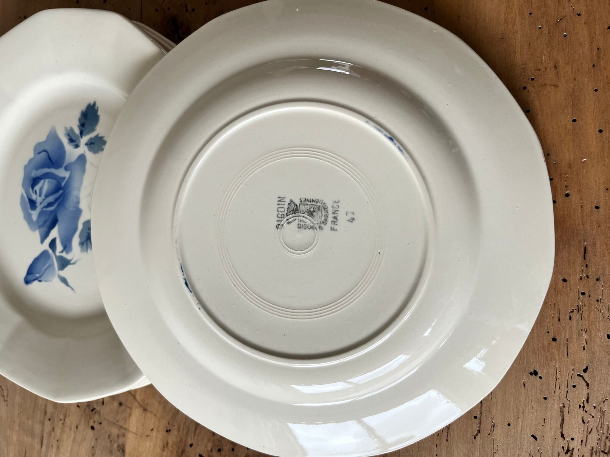 6 flat plates old Digoin & Sarreguemines decoration "blue rose"