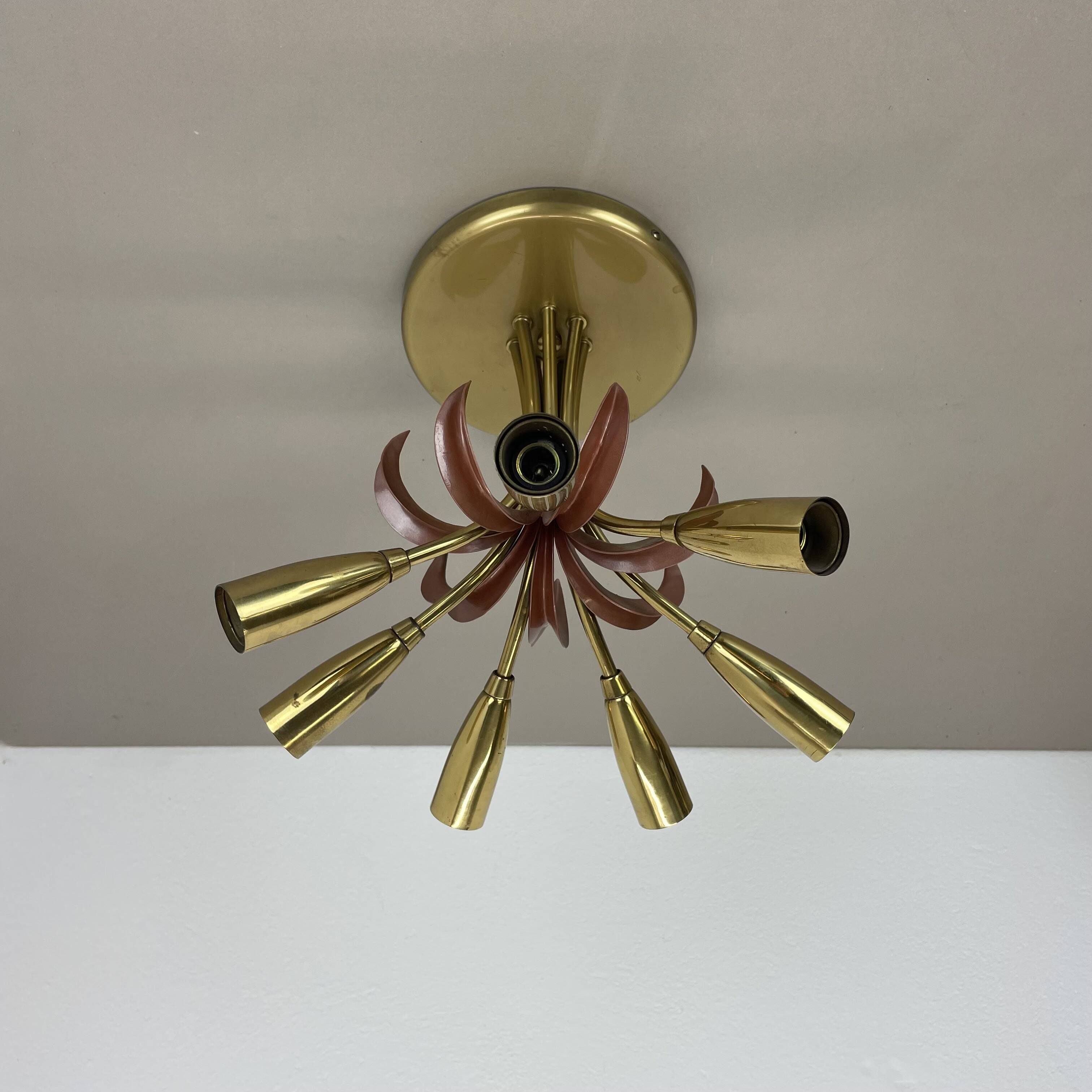 Brass Italian Stilnovo Style Theatre Ceiling Light Flush Mount, Italy, 1950