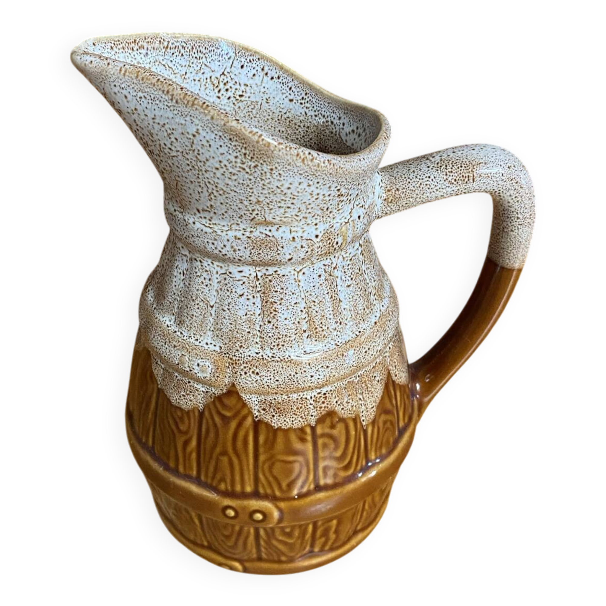 Old pichet revol barrel shape flamed ceramic 1 litre vintage #e