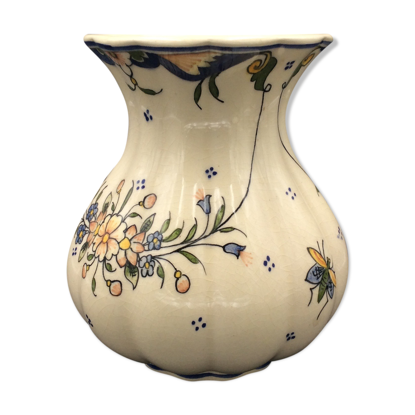 Vase Décor Rouen Earthenware Cracked Effect Flowers and Insect