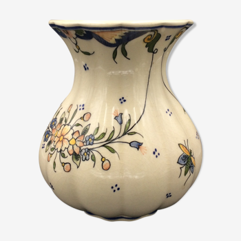 Vase décor Rouen faïence effet craquelé fleurs et insecte