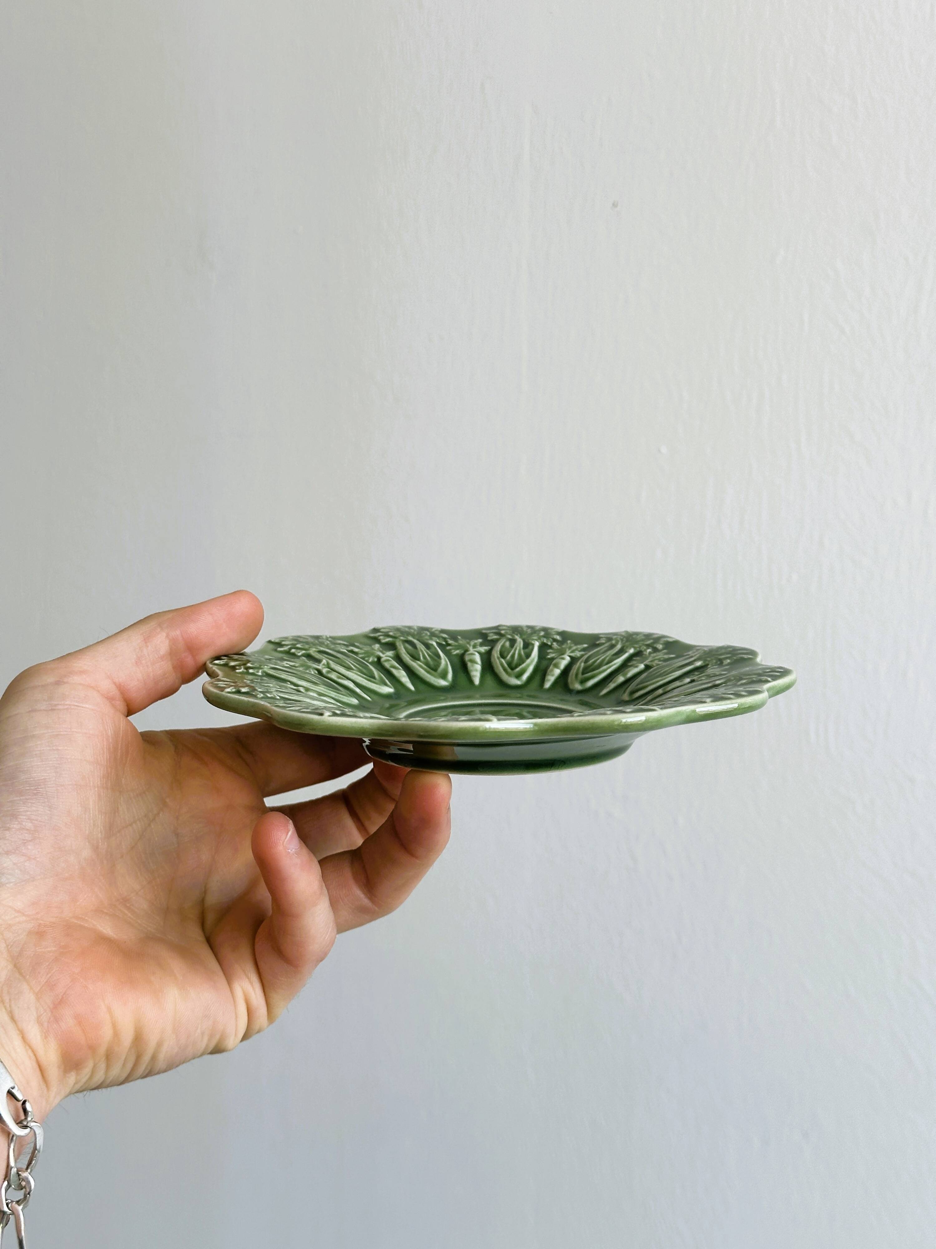 Set of 9 small old green earthenware plates