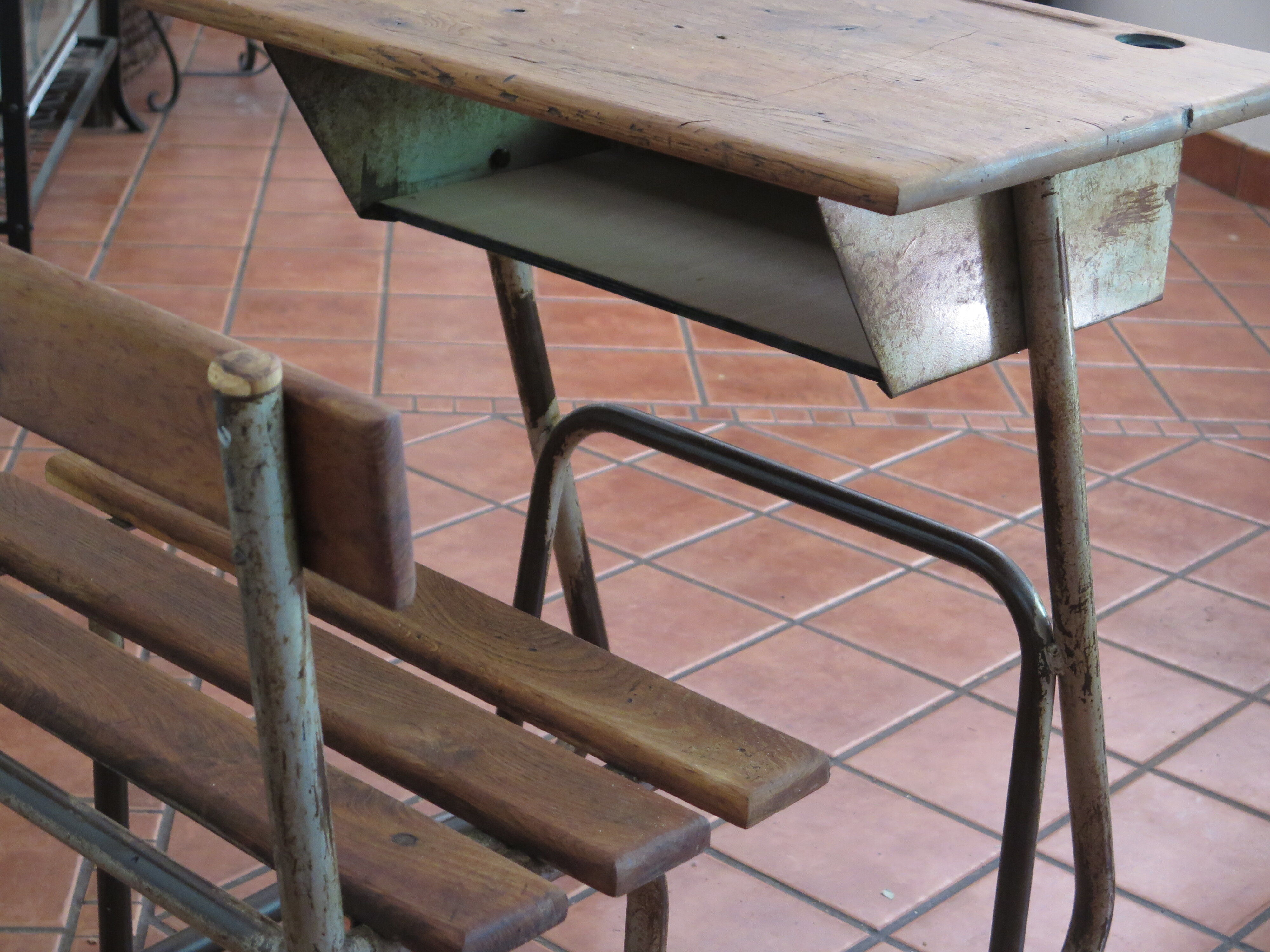 Industrial style oak and metal school desk