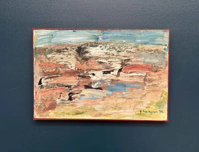 Huile sur toile originale suédoise - 'Komposition' par Yngve Werngren - Signée et datée 1974 - Vintage et encadrée - 53 × 36 cm (20,9" × 14,2")