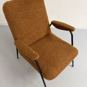 Vintage metal armchair with orange boucle fabric, French design from the 1950s.