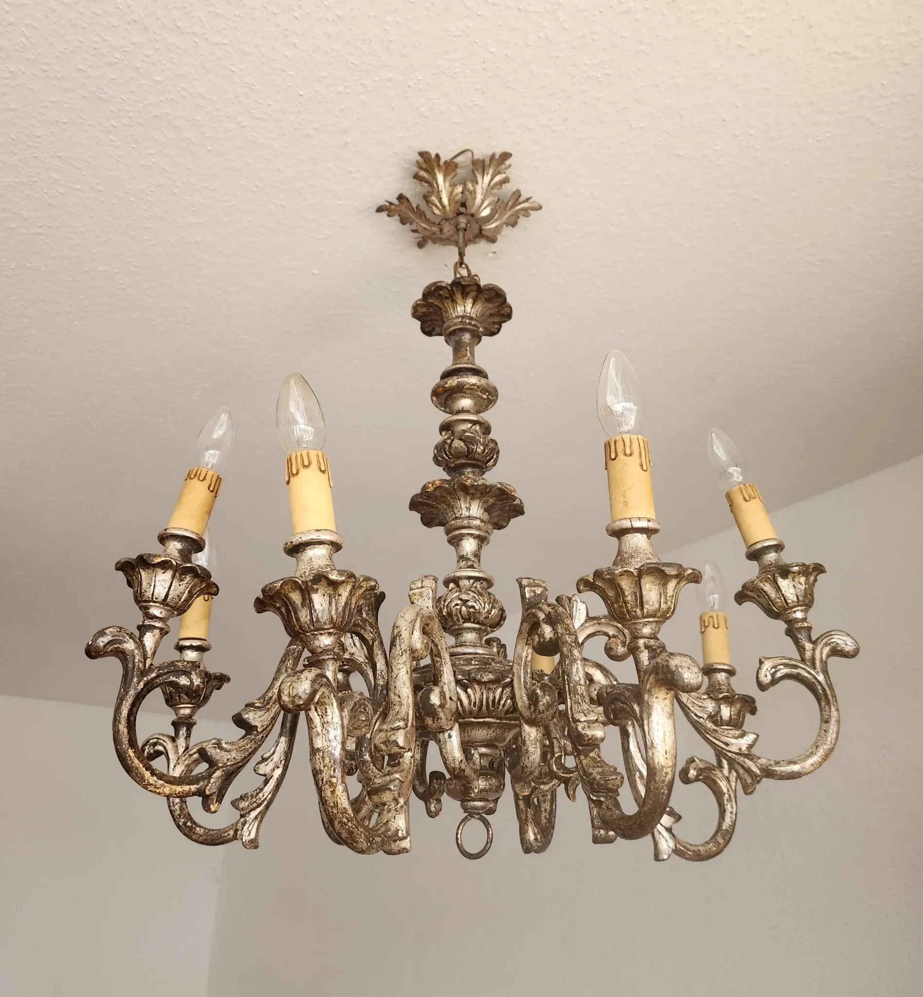 Xl Large Vintage Regency Mid Century Louis XV Baroque Rococo Hand Painted Carved Wood 8 Light Chandelier Floral, Italy, Florence 1920 1950