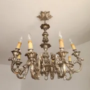 Xl Large Vintage Regency Mid Century Louis XV Baroque Rococo Hand Painted Carved Wood 8 Light Chandelier Floral, Italy, Florence 1920 1950