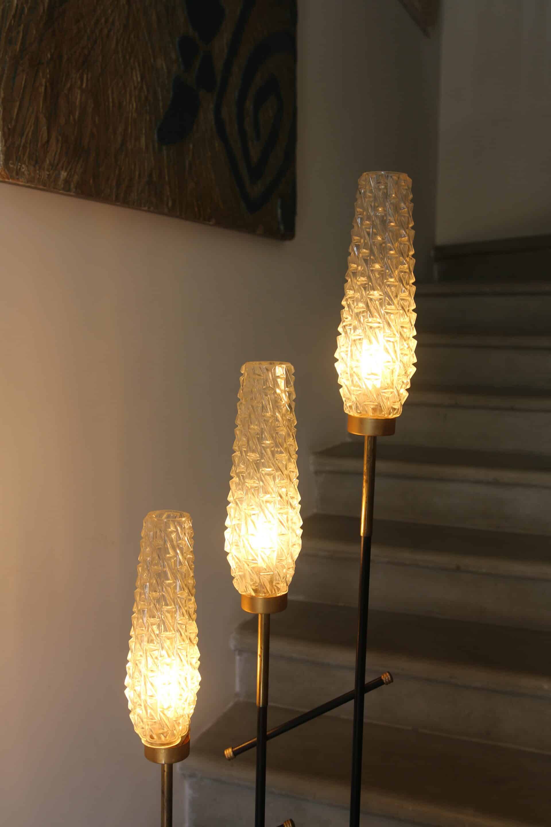 Vintage 3-light floor lamp, Arlus style, Art Deco spirit, 1950s.