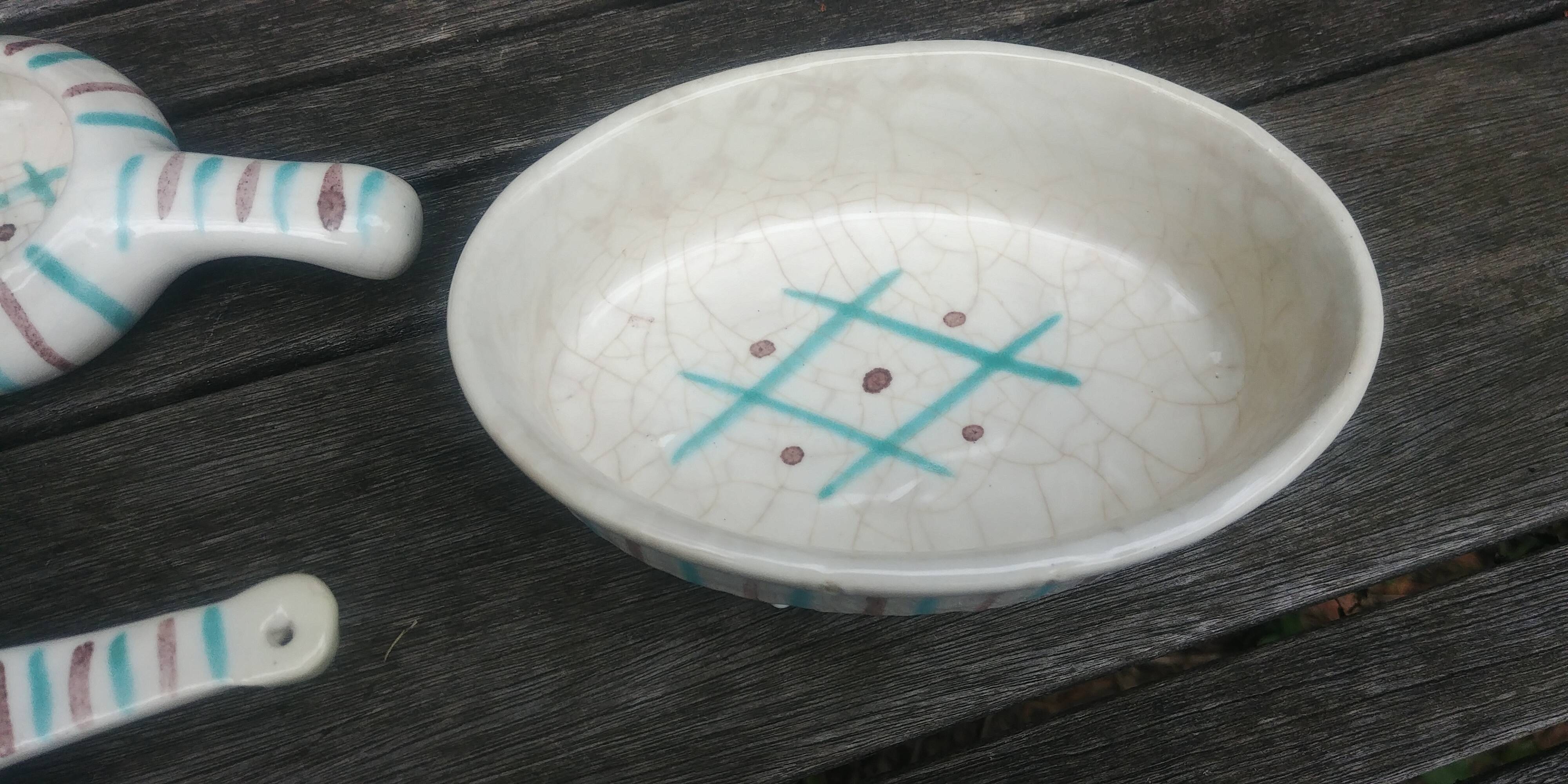 Glazed ceramic dinette from the Longchamp earthenware factory France vintage 60s abstract decor