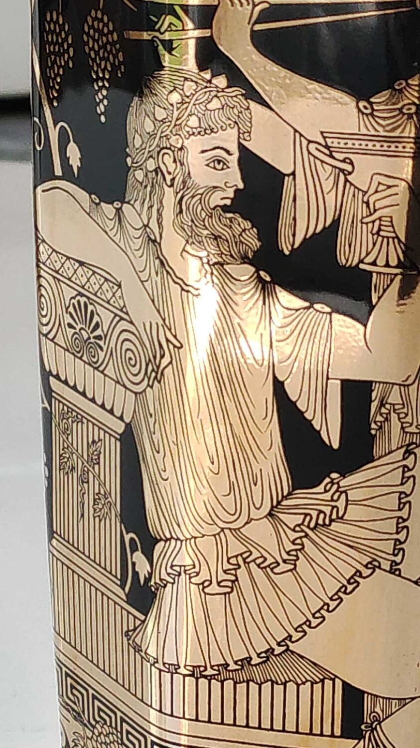 Ancient Greek octagonal vase, tubular porcelain shape. Decoration scenes of life / Gods mythology Greek. Signed ST Handmade in Greece. High 26 cm