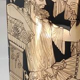 Ancient Greek octagonal vase, tubular porcelain shape. Decoration scenes of life / Gods mythology Greek. Signed ST Handmade in Greece. High 26 cm