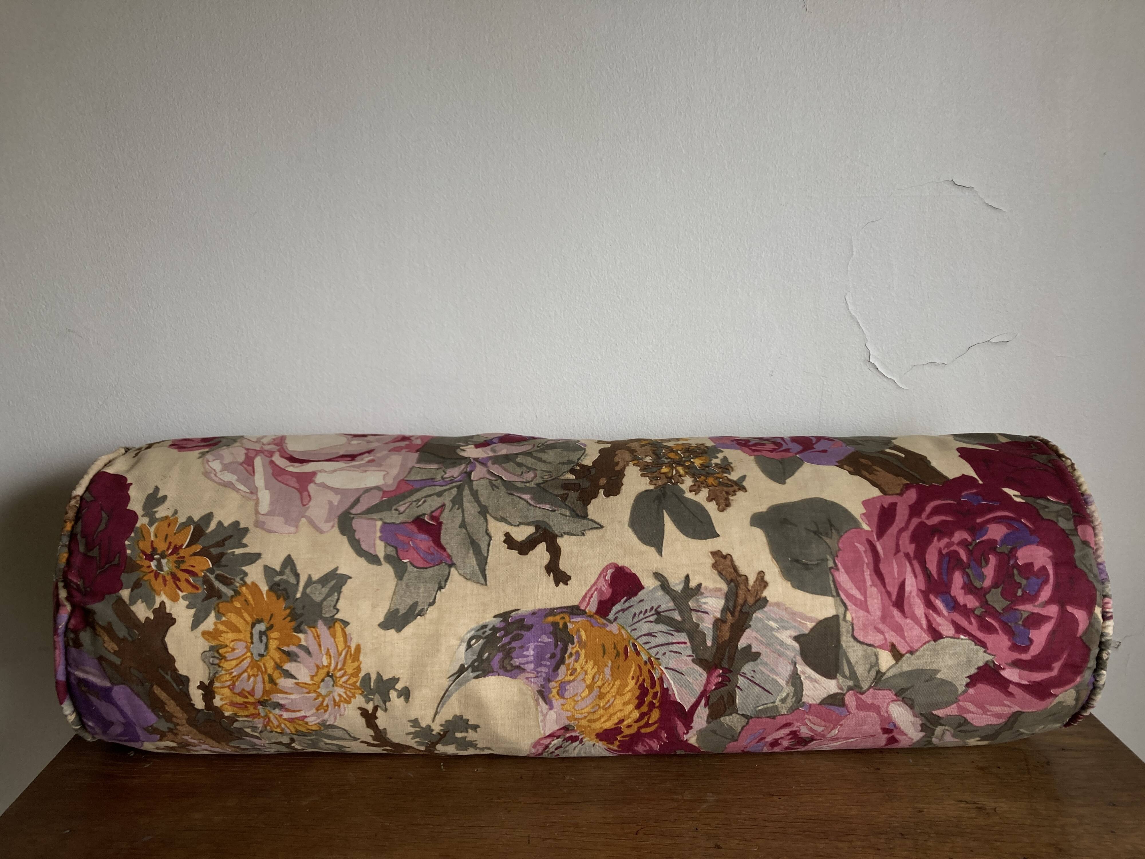 Coussin polochon de campagne en toile de lin 1950 à fleurs XL