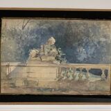 Aquarelle ancienne française signée, vue de jardin et sculpture, d'époque 19eme