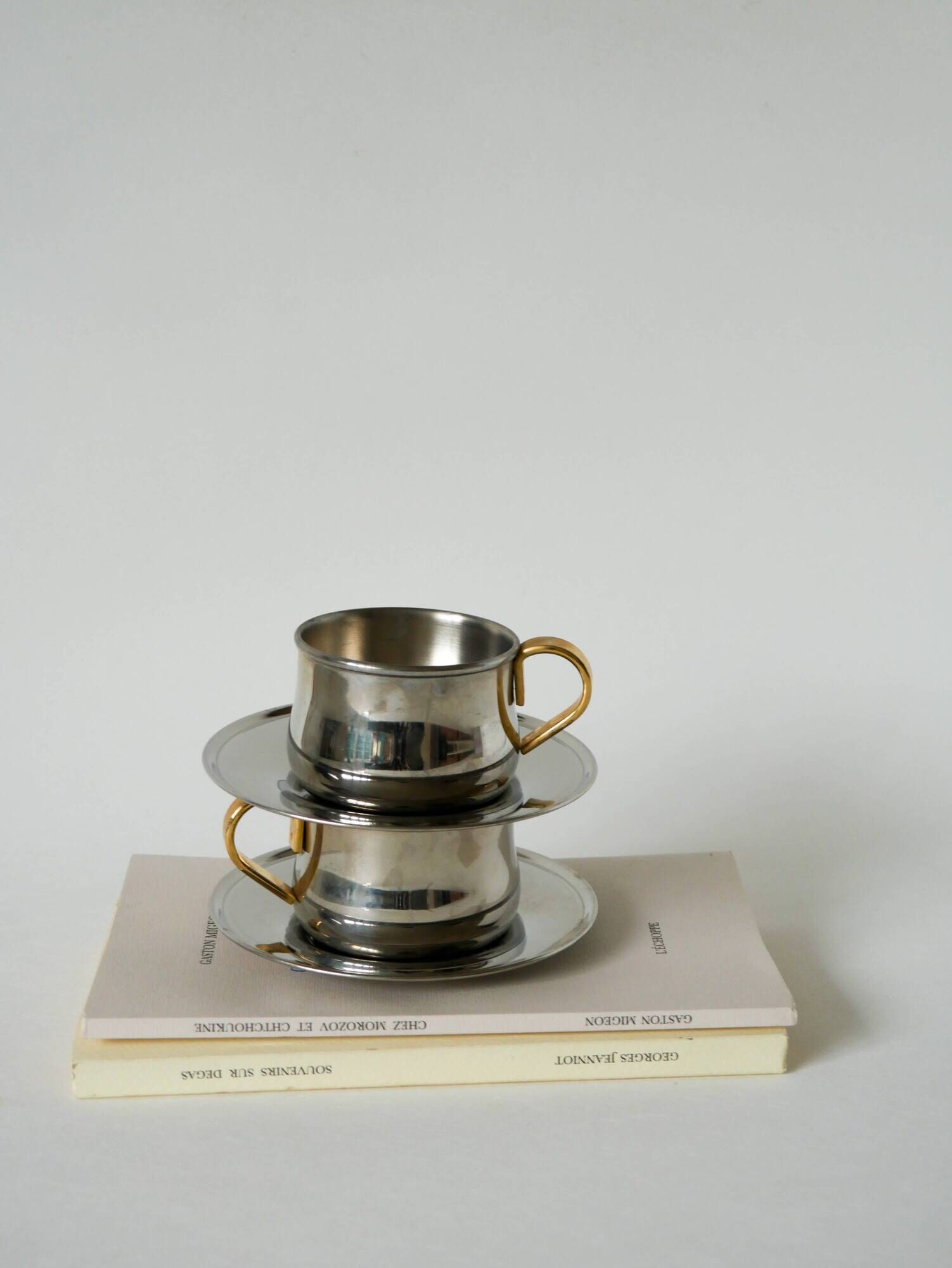 Duo of double-walled stainless steel espresso cups Made in Italy, Design 1970