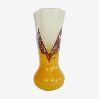 Vase Art Nouveau signé Leg à motifs géométriques 29 cm