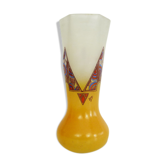 Vase Art Nouveau signé Leg à motifs géométriques 29 cm