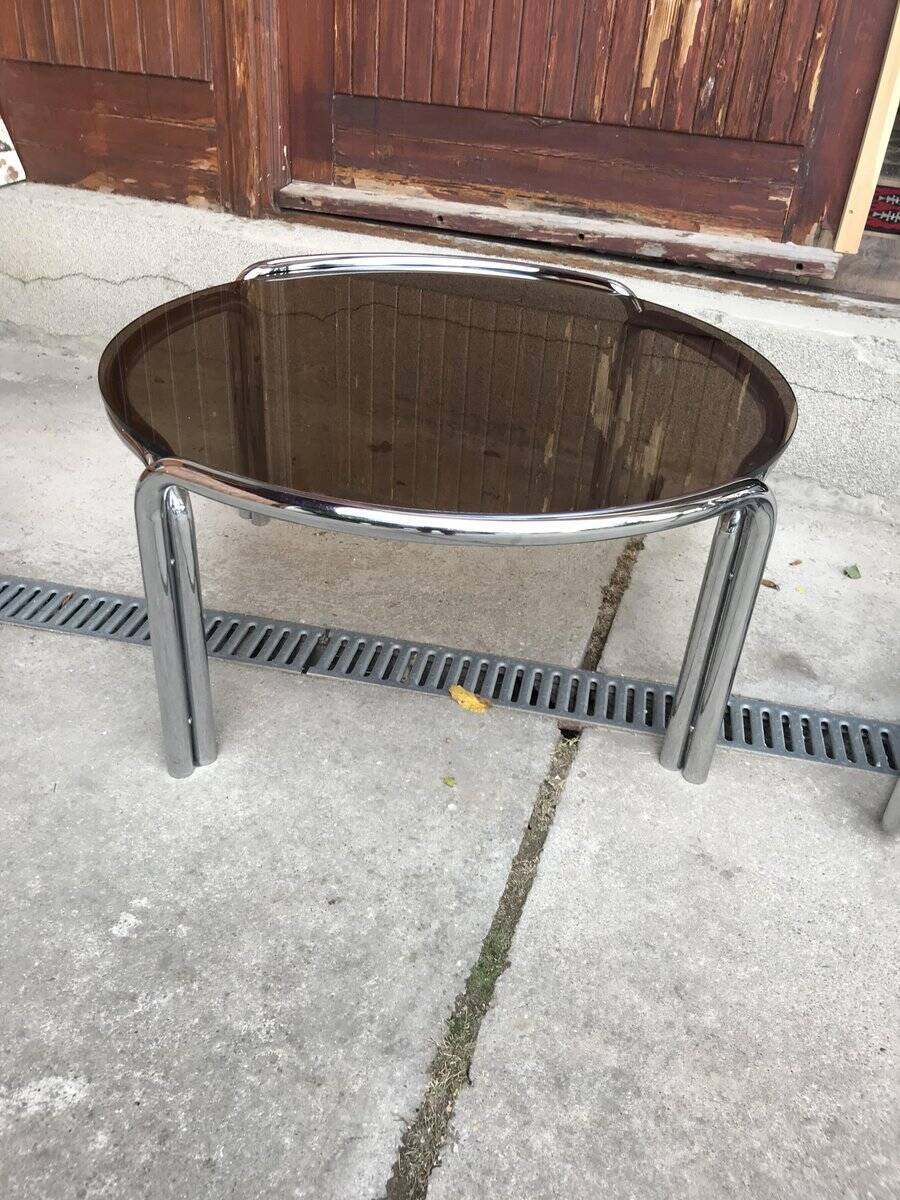 Table basse tubulaire Mid-Century verre fumé gris et métal chromé, design 1960s