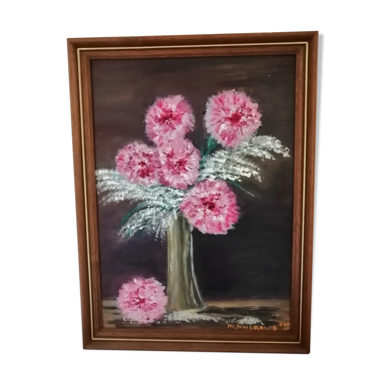 Still life with oil flowers on ancient panel