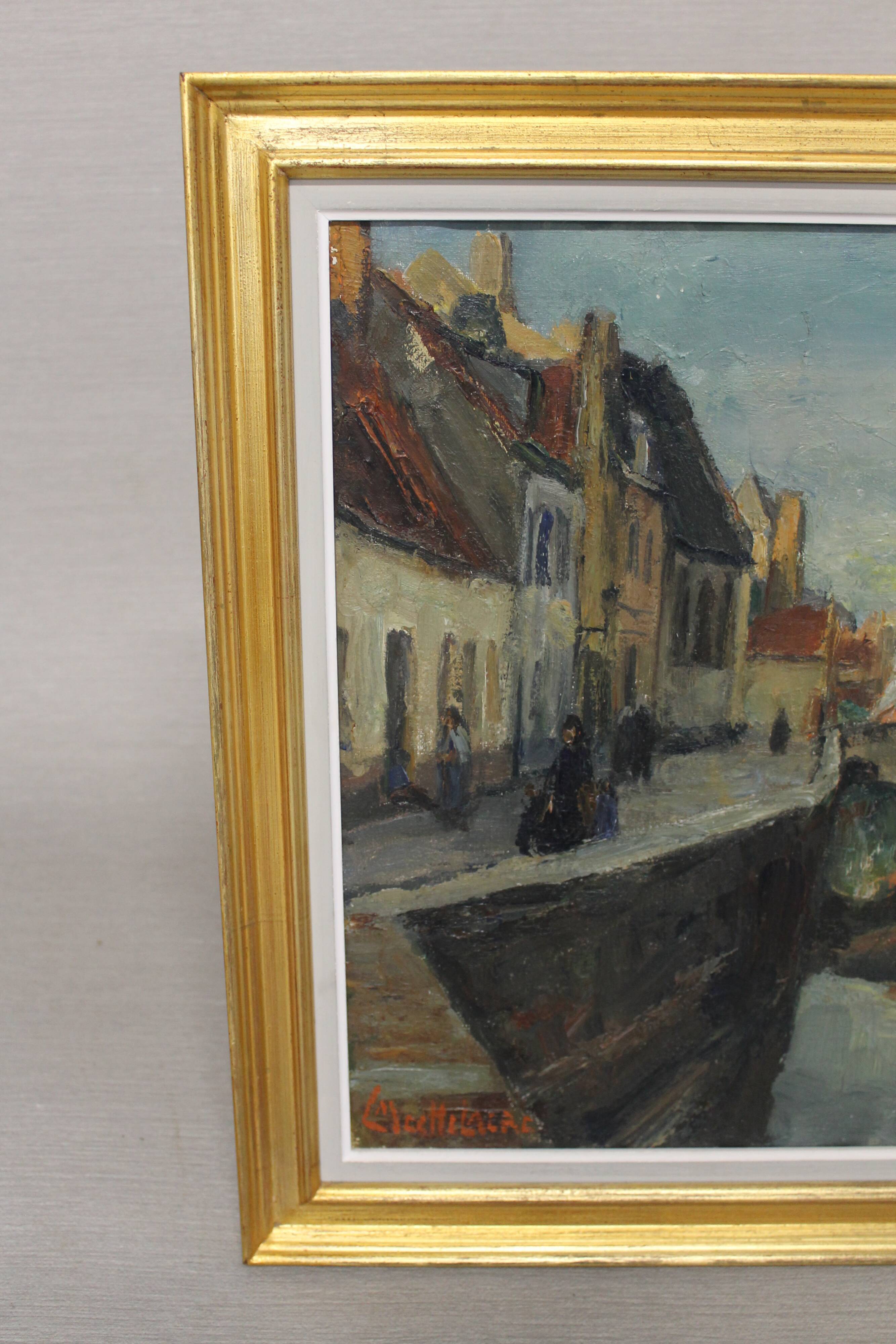Huile sur toile de Léon Mechelaere - Canal à Bruges
