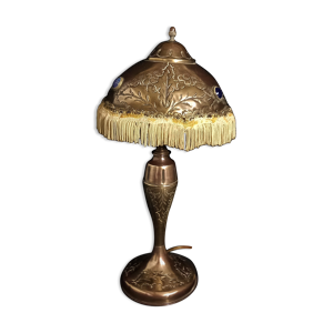 lampe parisienne art nouveau en cuivre avec frange et cabochons