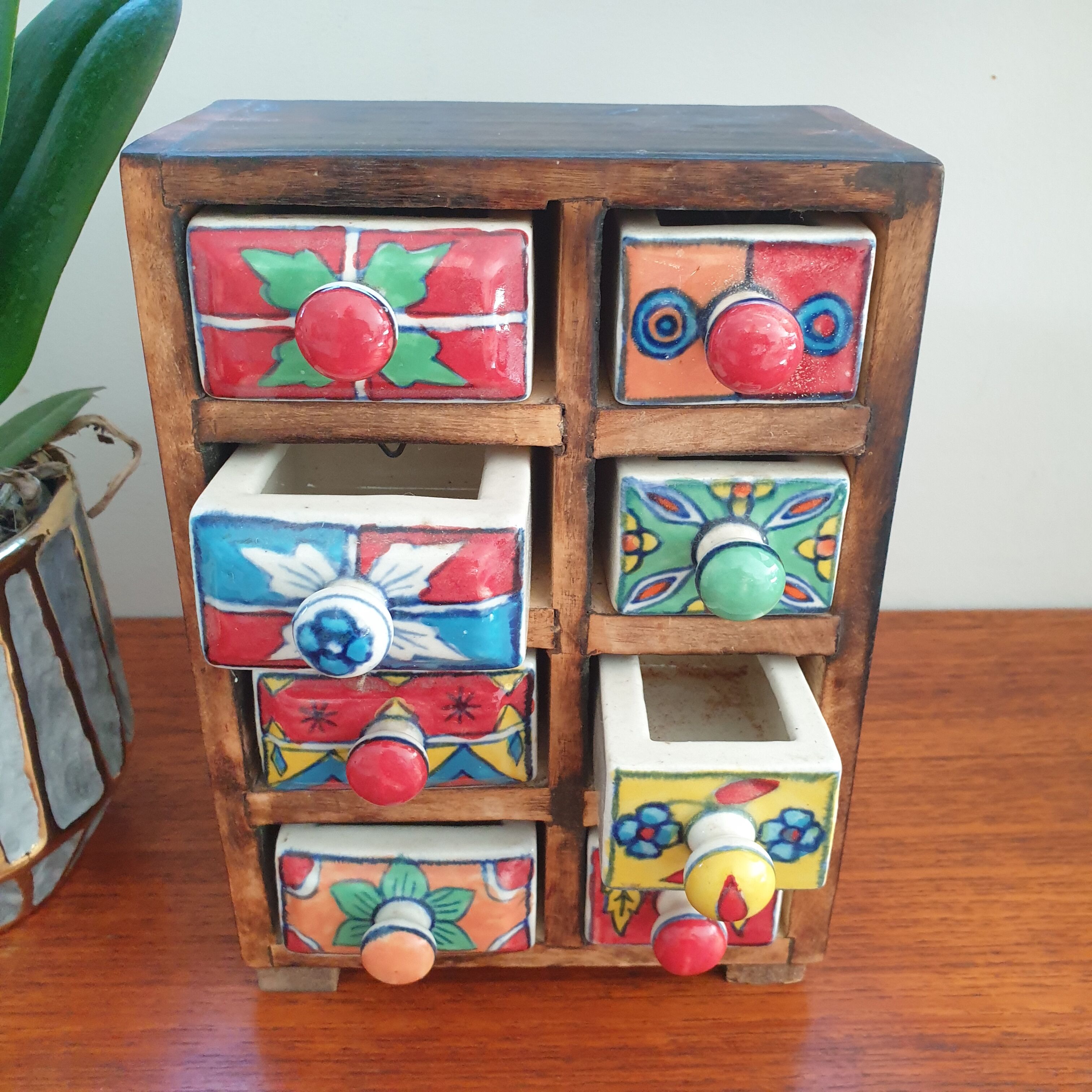 Vintage box with wood and ceramic drawers