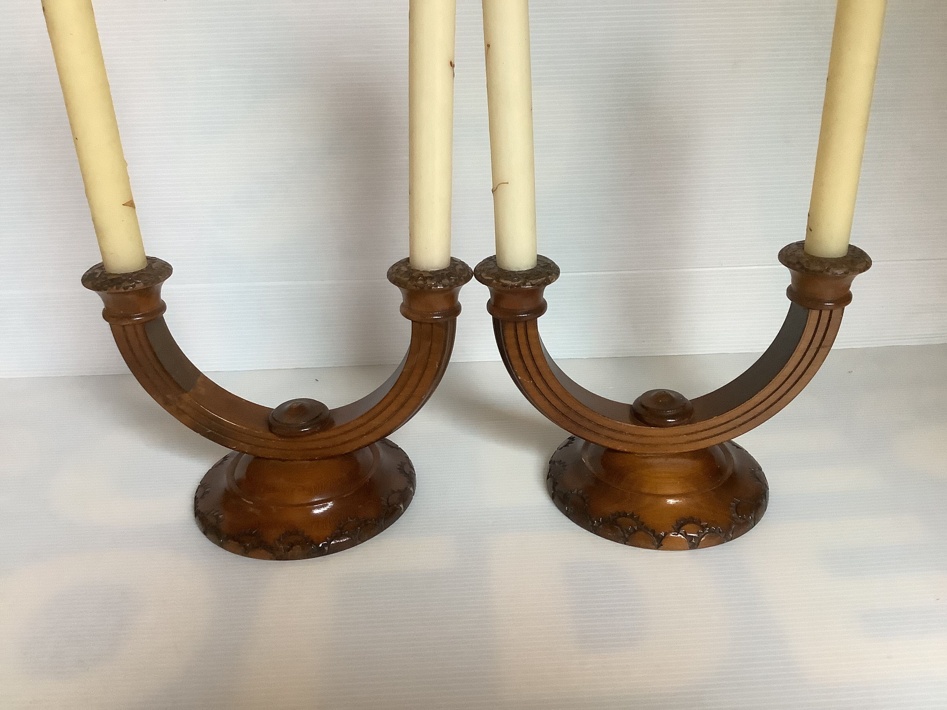 Old pair of brutalist wooden candlesticks dried flower candles