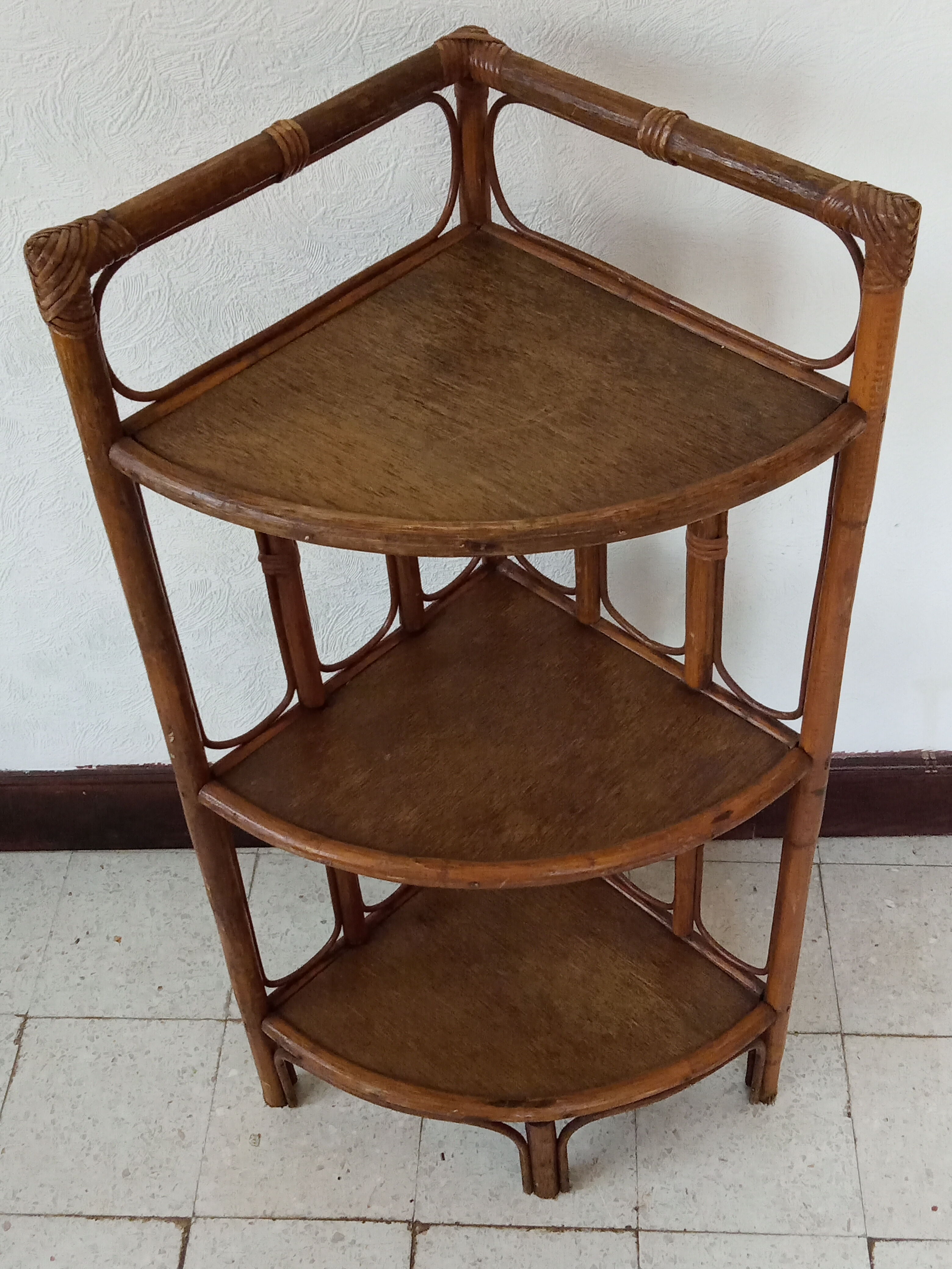 70s rattan corner shelf