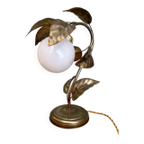 Vintage lamp with leaves in gilded brass and white opaline globe