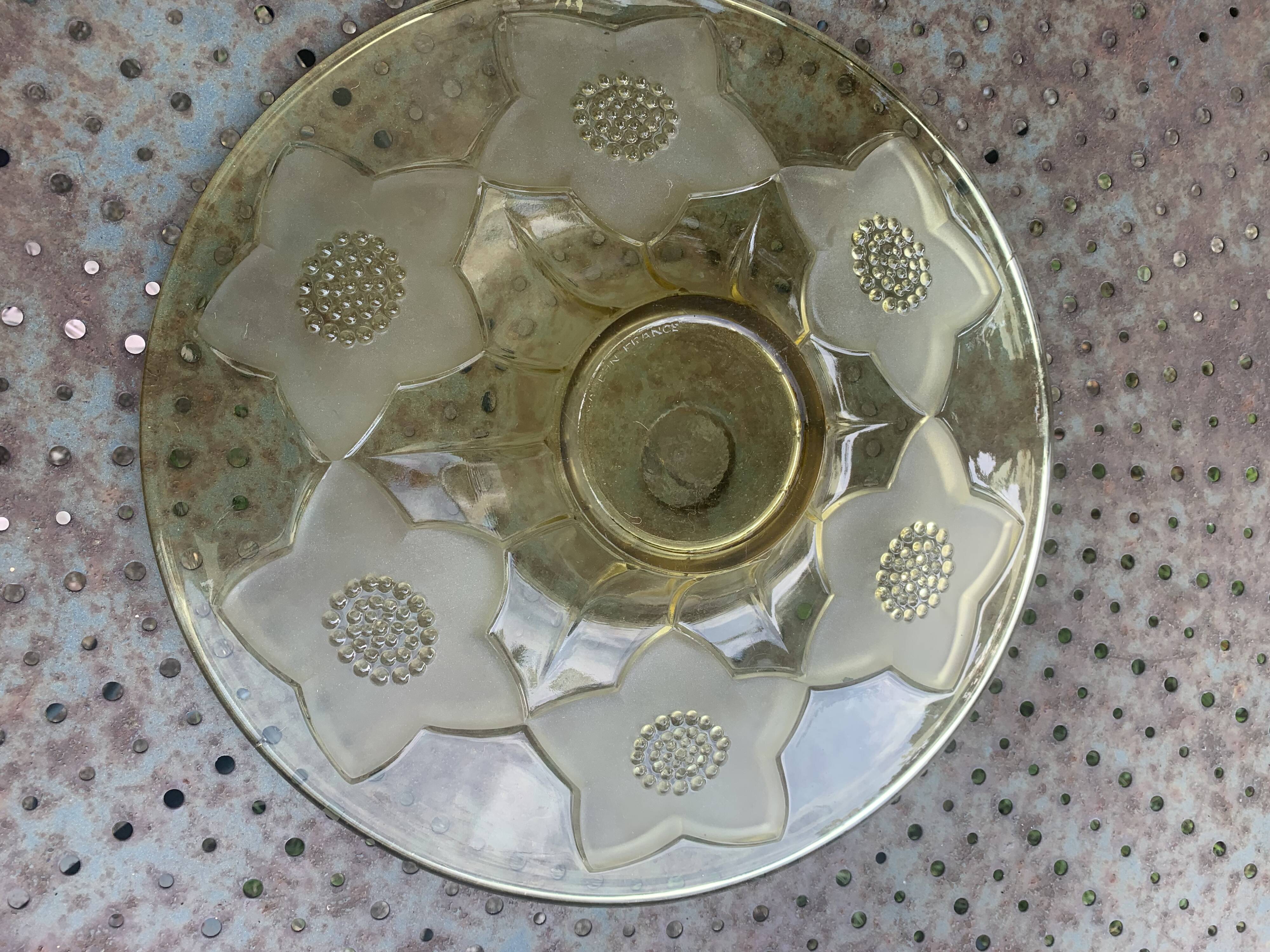 Large glass and frosted glass fruit bowl, yellow, floral pattern