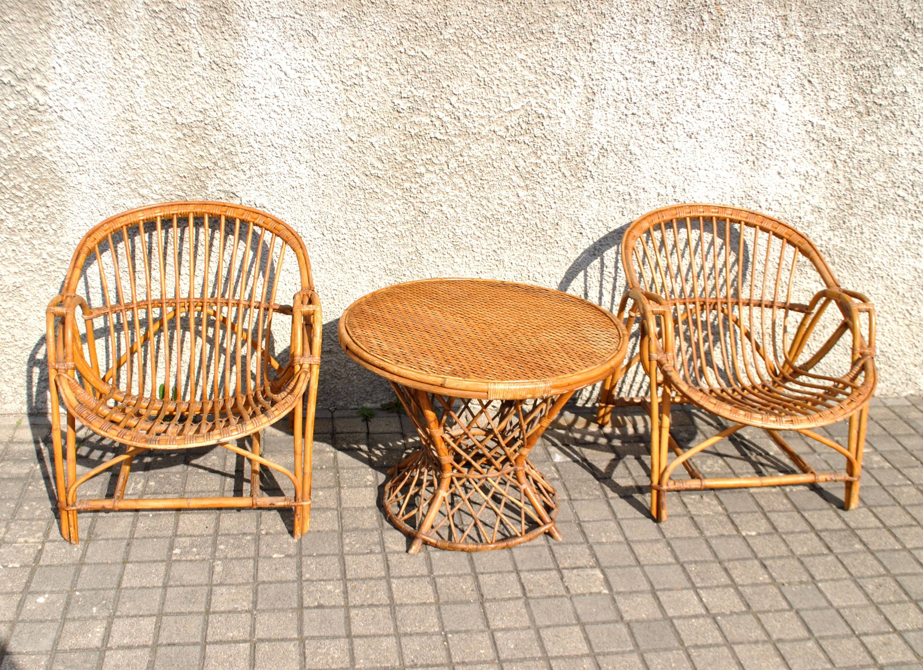 Vintage balcony garden furniture armchairs and table bamboo and rattan 1960