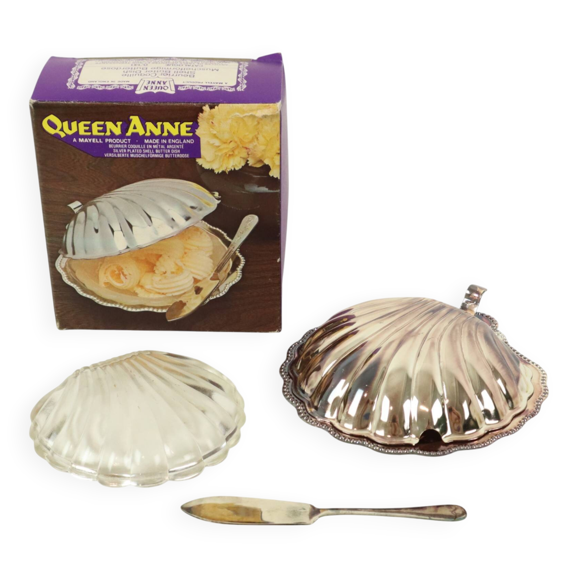 Vintage Scallop Shell Butter Dish Knife Silver Plated Metal Queen Anne