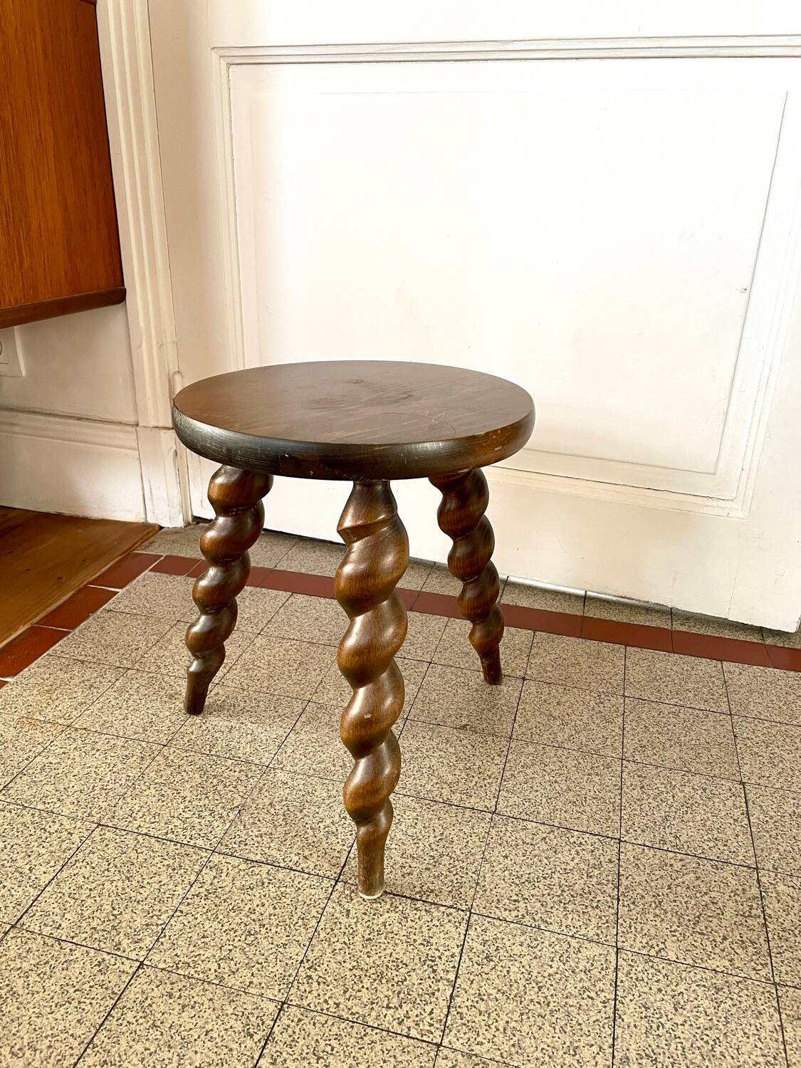 Vintage wooden tripod stool with turned legs