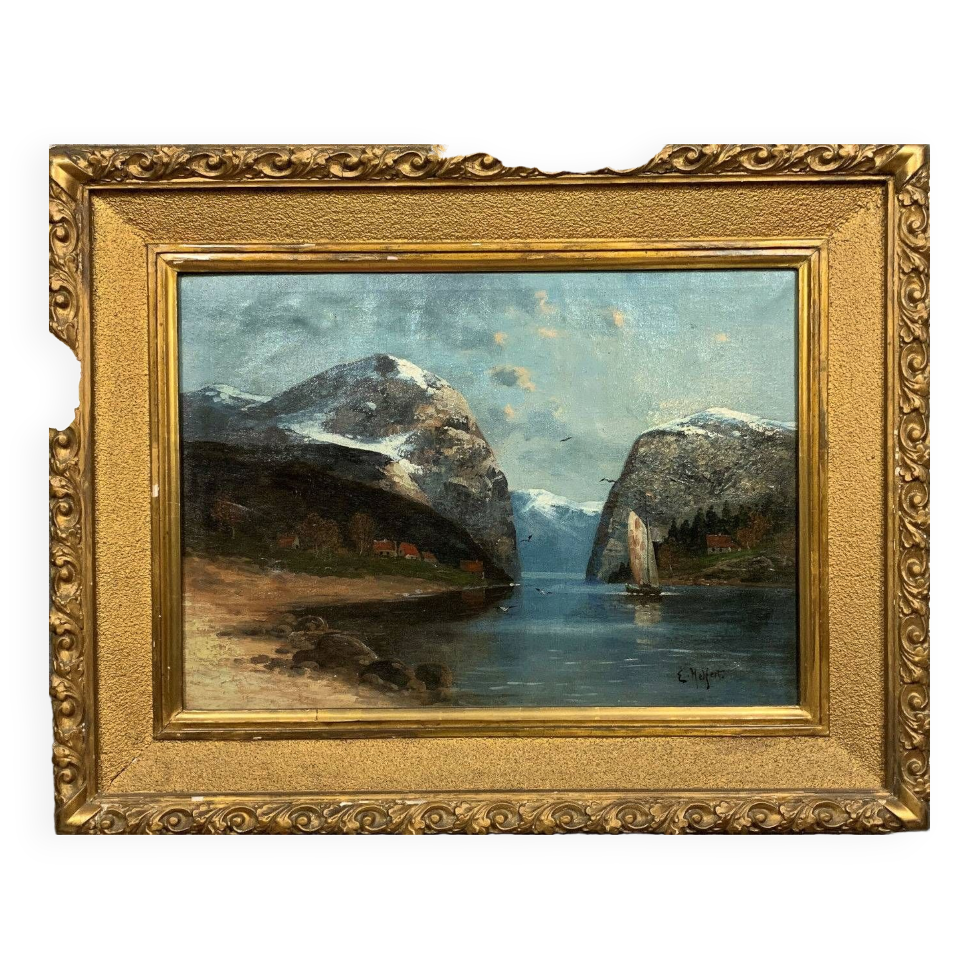 Willy Erik Helfert : grande huile sur toile paysage lacustre avec vue des alpes