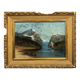 Willy Erik Helfert : grande huile sur toile paysage lacustre avec vue des alpes