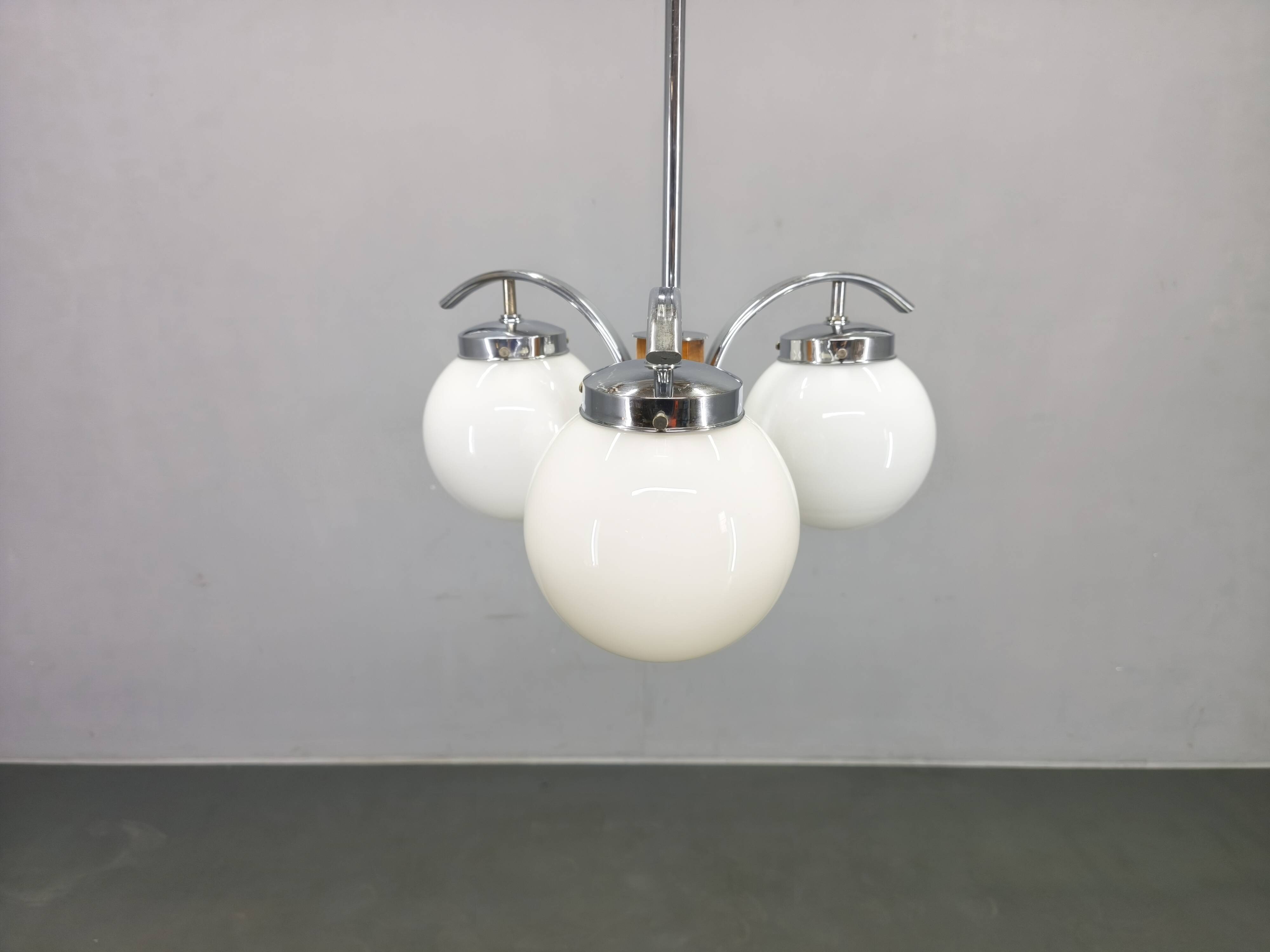 Art Deco Chandelier, Chrome, Walnut & Glass, 1930s