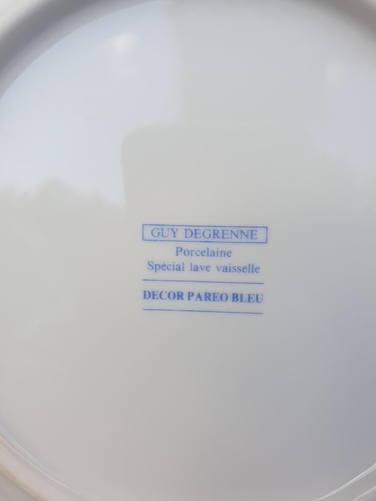 Set 3 variegated dessert plates Guy Degrenne and Gien cobalt blue