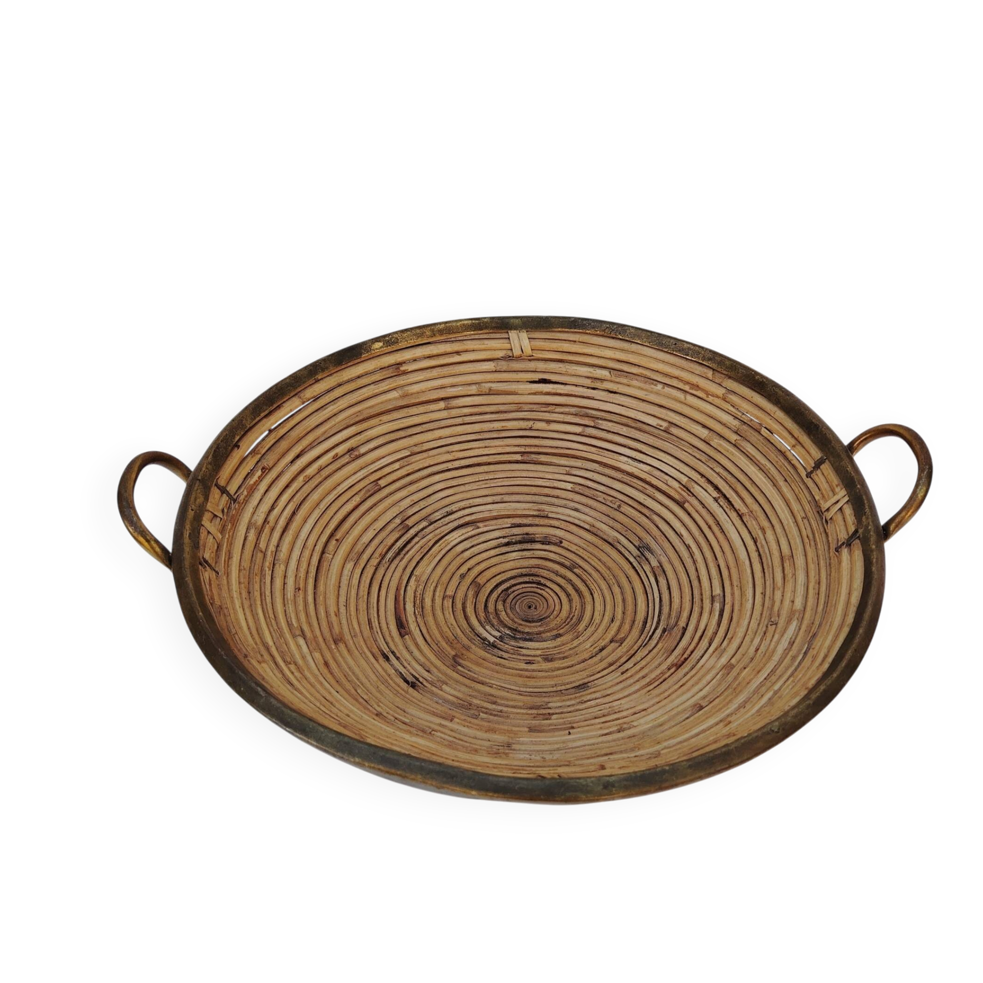 Rattan and brass basket in the style of Gabriella Crespi.