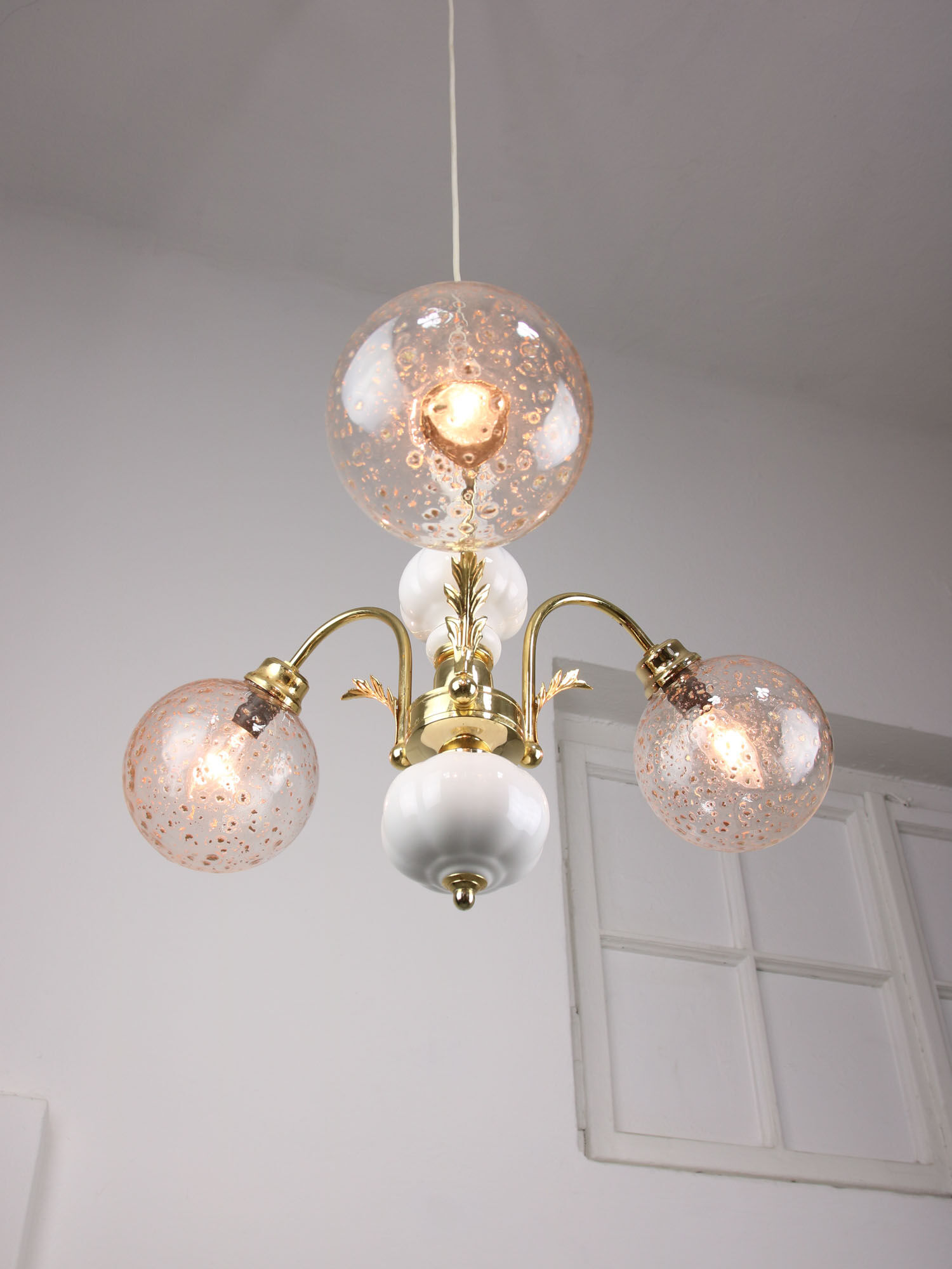 Vintage Italian Golden Ceramic & Glass Chandelier