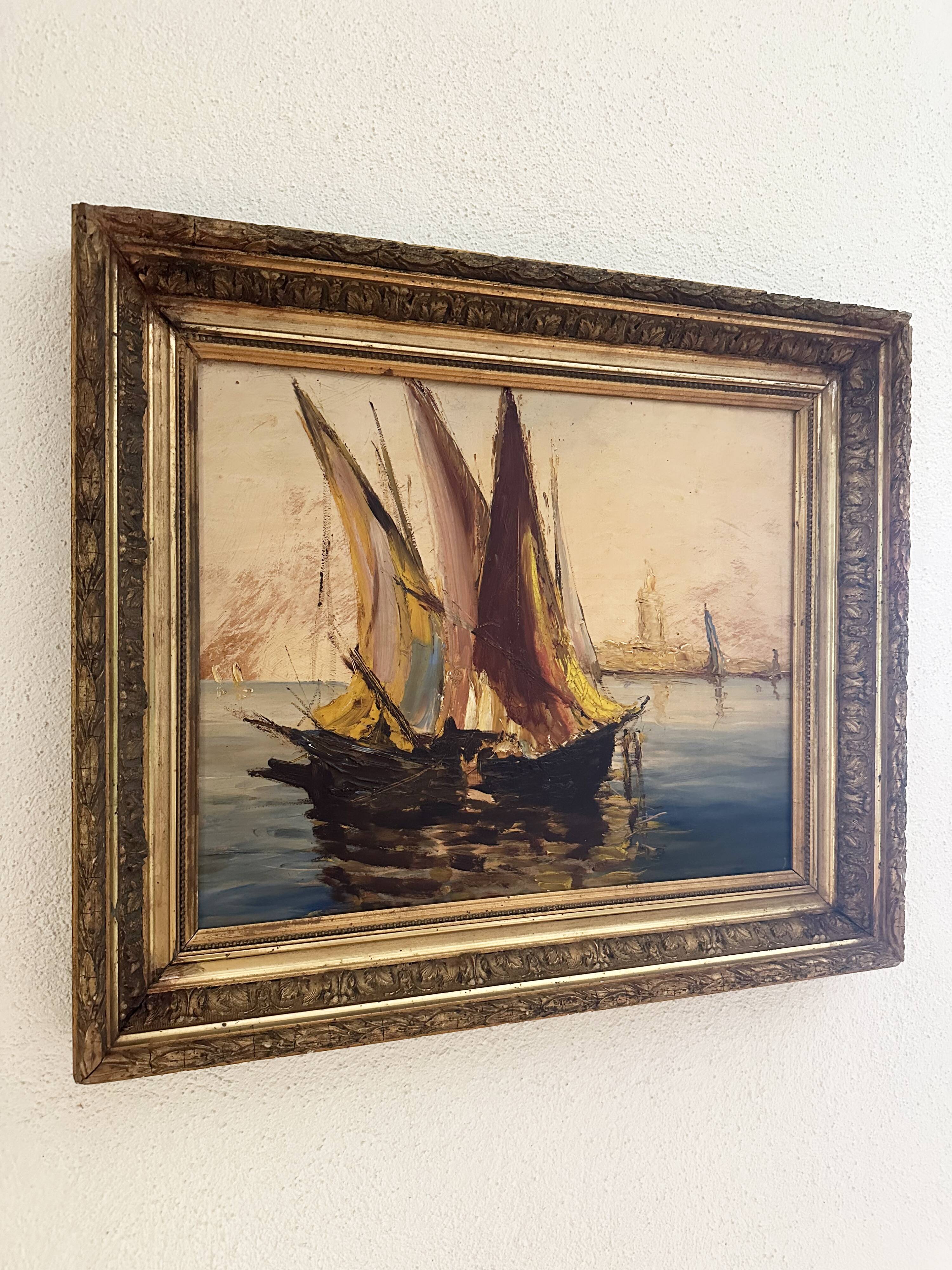 Very old painting of a Mediterranean port.