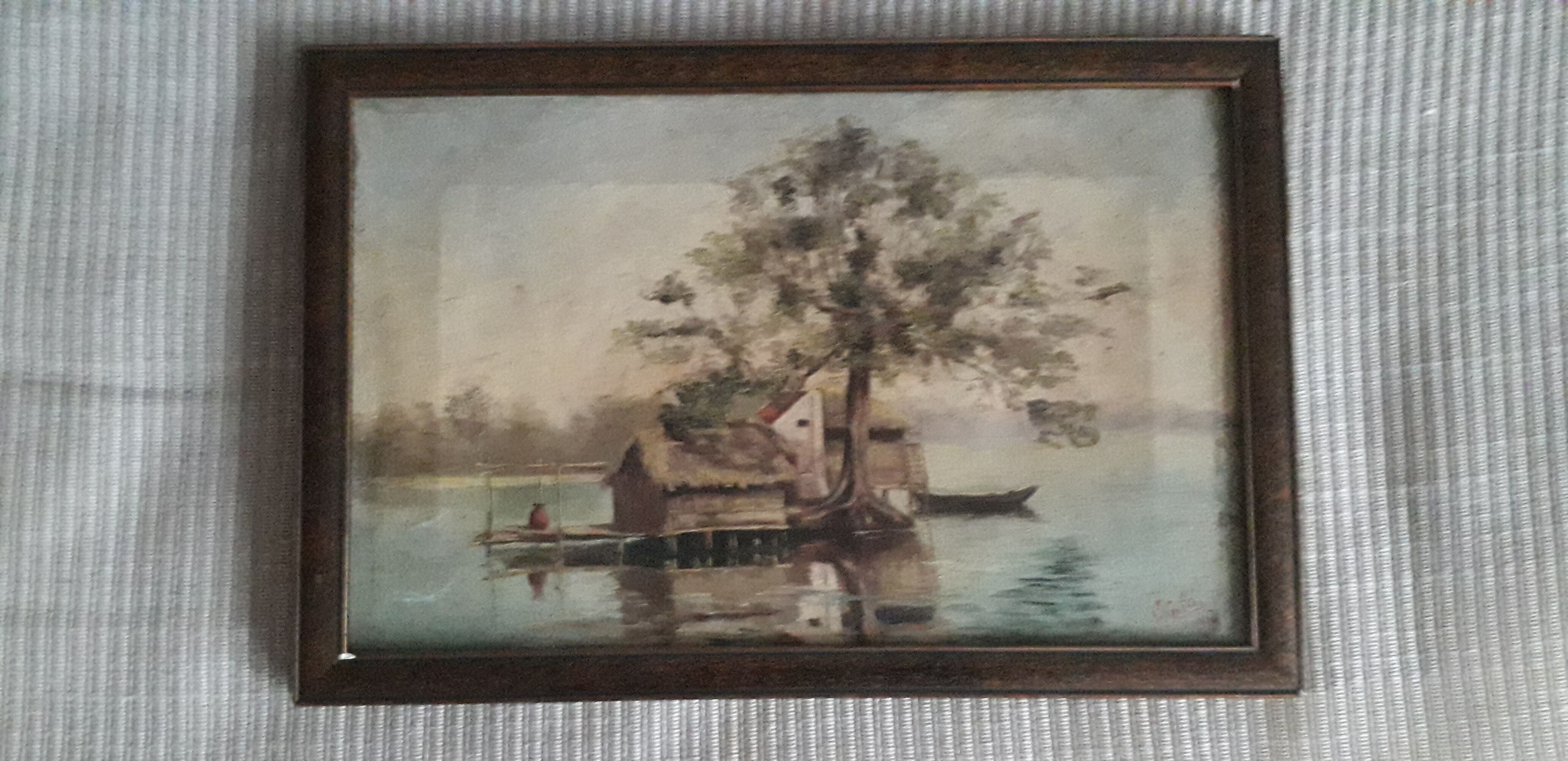 Old oil painting depicting a lake landscape