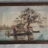 Tableau ancien à l'huile représentant un paysage lacustre